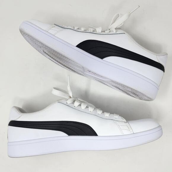 Puma Sneakers Men 10.5 Smash V2 White Leather Black Stripe Low Top 365215-01 - Picture 6 of 11